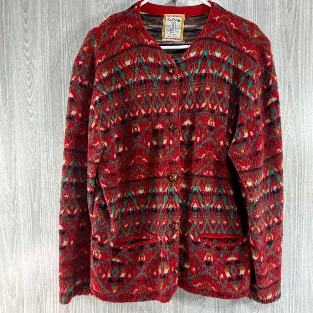 Euforia Vintage‎ Cardigan Red Muti Aztec Sweater Granola Cabin Core Italy Sz L
